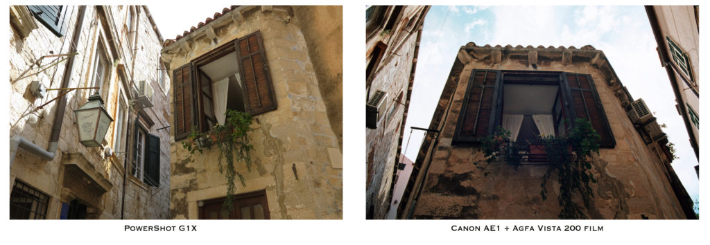 The same scene in Croatia, captured by a higher end digital point and shoot (left) and student model film SLR (right) cameras