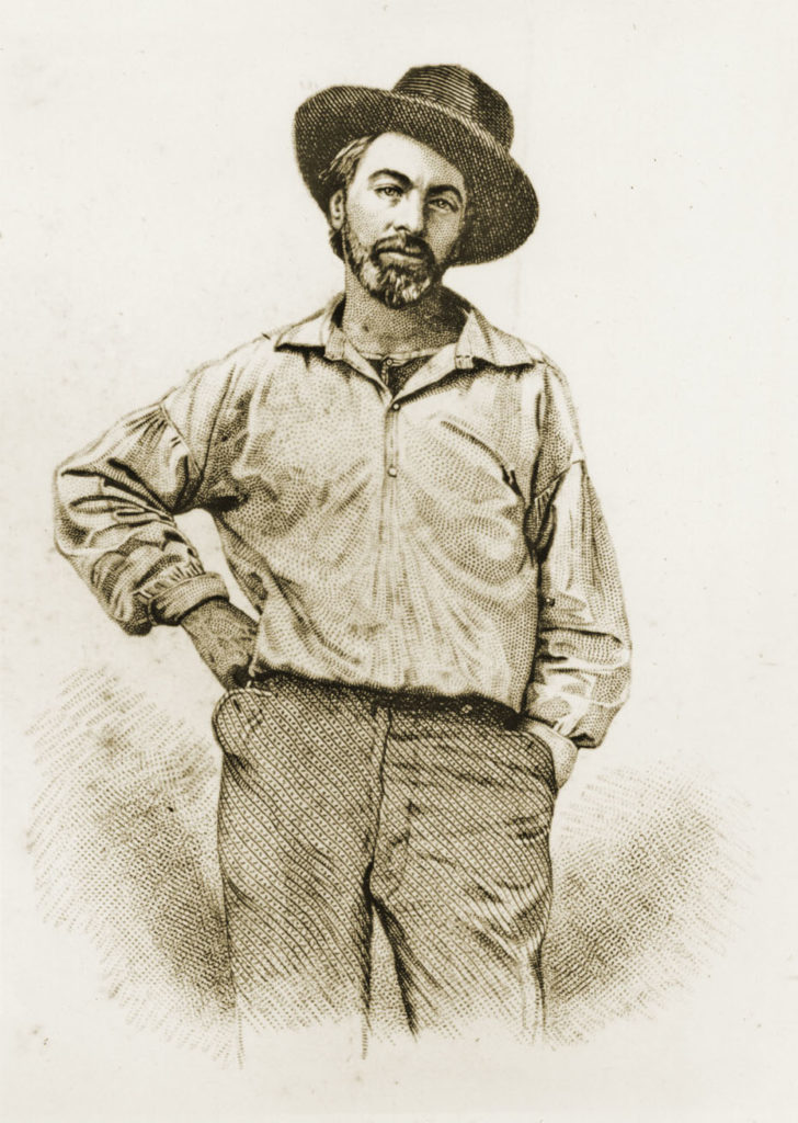 The original frontispiece to Leaves of Grass, engraving done by Samuel Hollyer based from a daguerreotype by Gabriel Harrison, age 35. Photo courtesy of the Bayley Collection, Ohio Wesleyan .