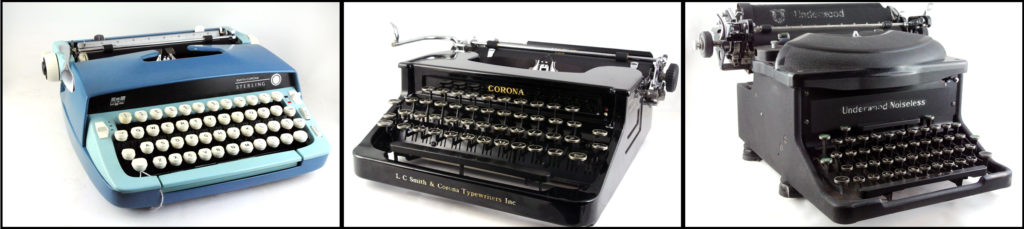 From left to right: A Smith Corona Sterling, Smith Corona Silent Four Bank, and Underwood Noiseless Upright desktop