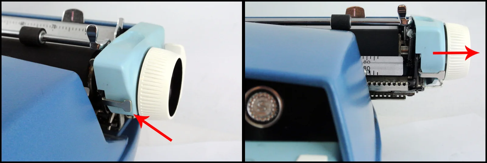Left: Carriage lock switch on the Smith Corona Sterling; Right: Slide carriage to right then left to unlock