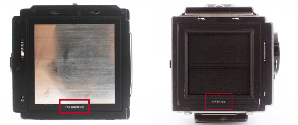 Serial number locations on a Hasselblad back (left) and body (right).