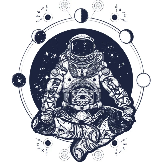 astronaut sitting with phases of moon encircling him