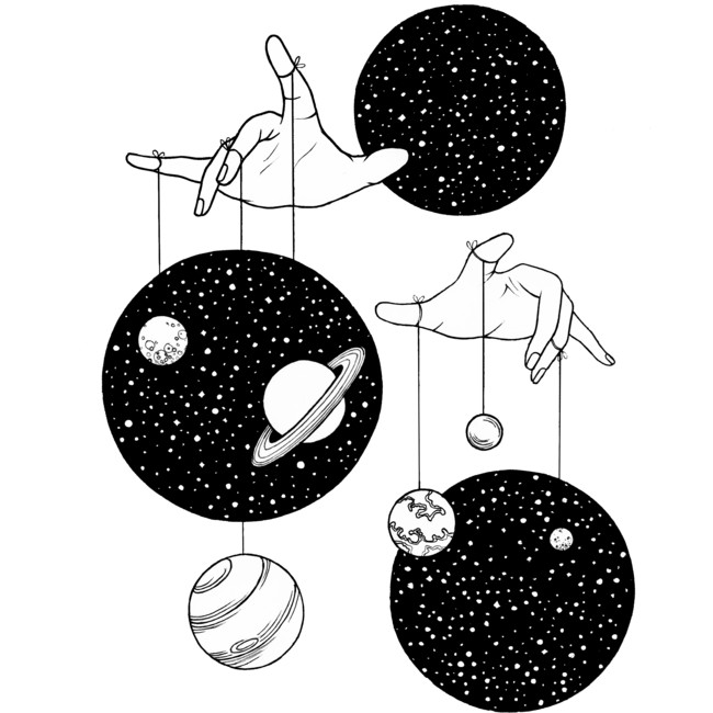 hands puppeteering the planets