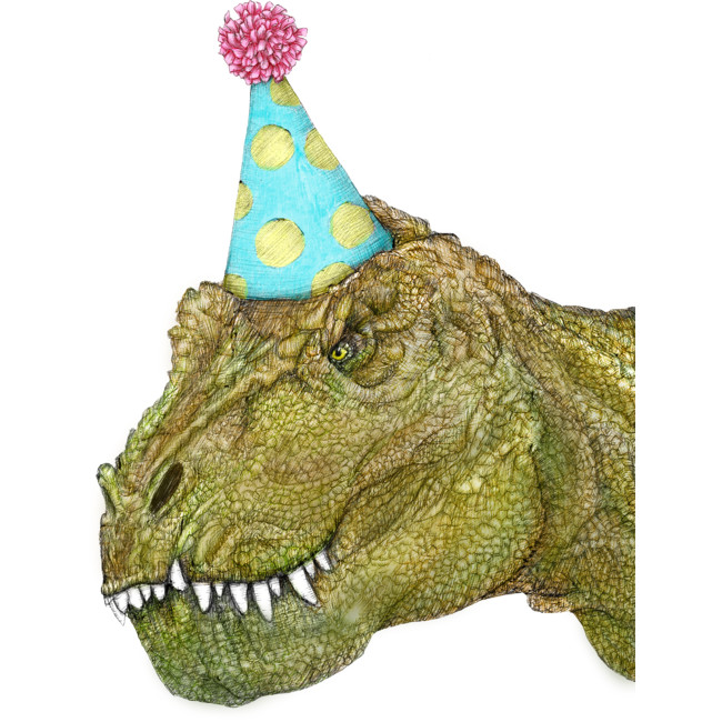 t-rex wearing a birthday hat