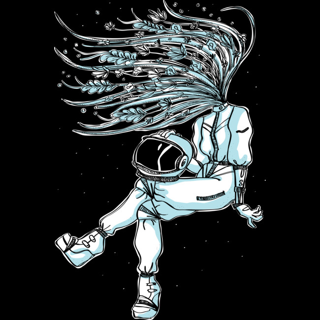 astronaut with long hair floating in space