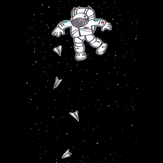 astronaut playing with paper planes in space