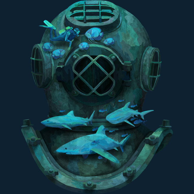 underwater diver with sharks