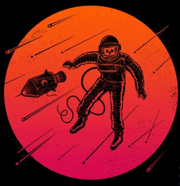 skeleton in space with rocket