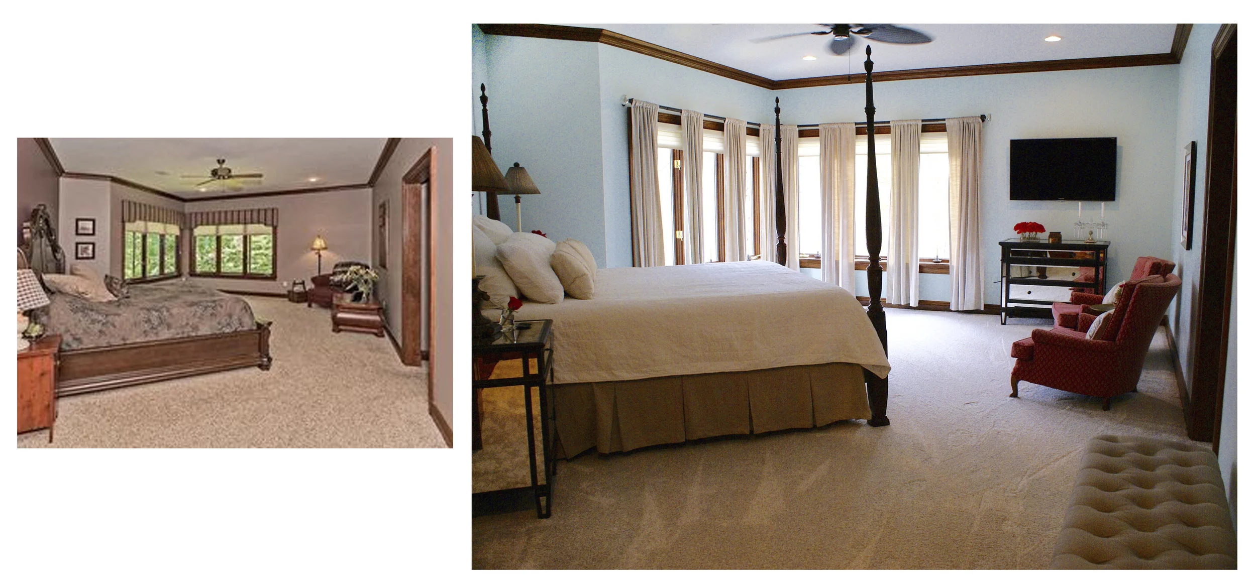 Before The Master bedroom needs a serious update. As time goes by, color and design trends change. The room’s lack of variety in color and outdated furnishings make the room look drab. If your buyer can’t see the potential, then you need to show it to them. After Updating the Master Bedroom is very important. This is where your buyer will want to fall in love with the peace they feel when they walk in. Can they picture themselves retreating here every night? Does your Master Bedroom feel peaceful? Lemon Tree Home Staging also redesigns!
