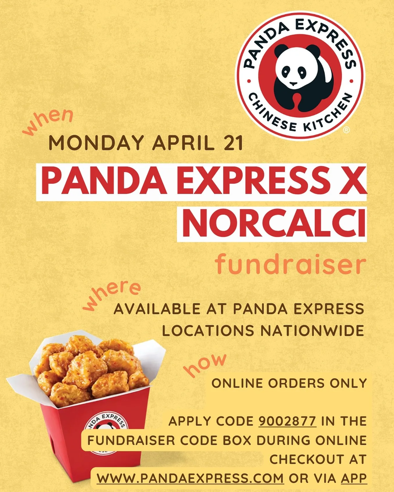 Mark your calendars! 🗓️ 

On April 21 (Easter Monday), enjoy your favorite Panda Express meal while supporting NorCal CI! 🥡🔥 Order online and use code 9002877 at checkout to give back! 💛 All proceeds will go towards summer activities for our camp