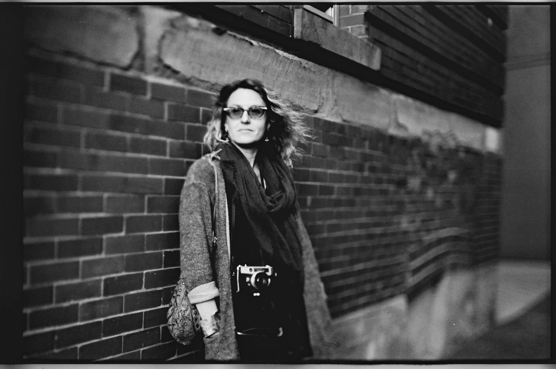 Joanne with her rangefinder camera . Freelensing version. Film Washi D 500 Sputnik Panchromatic black and white film. ©2018 Mark Klotz