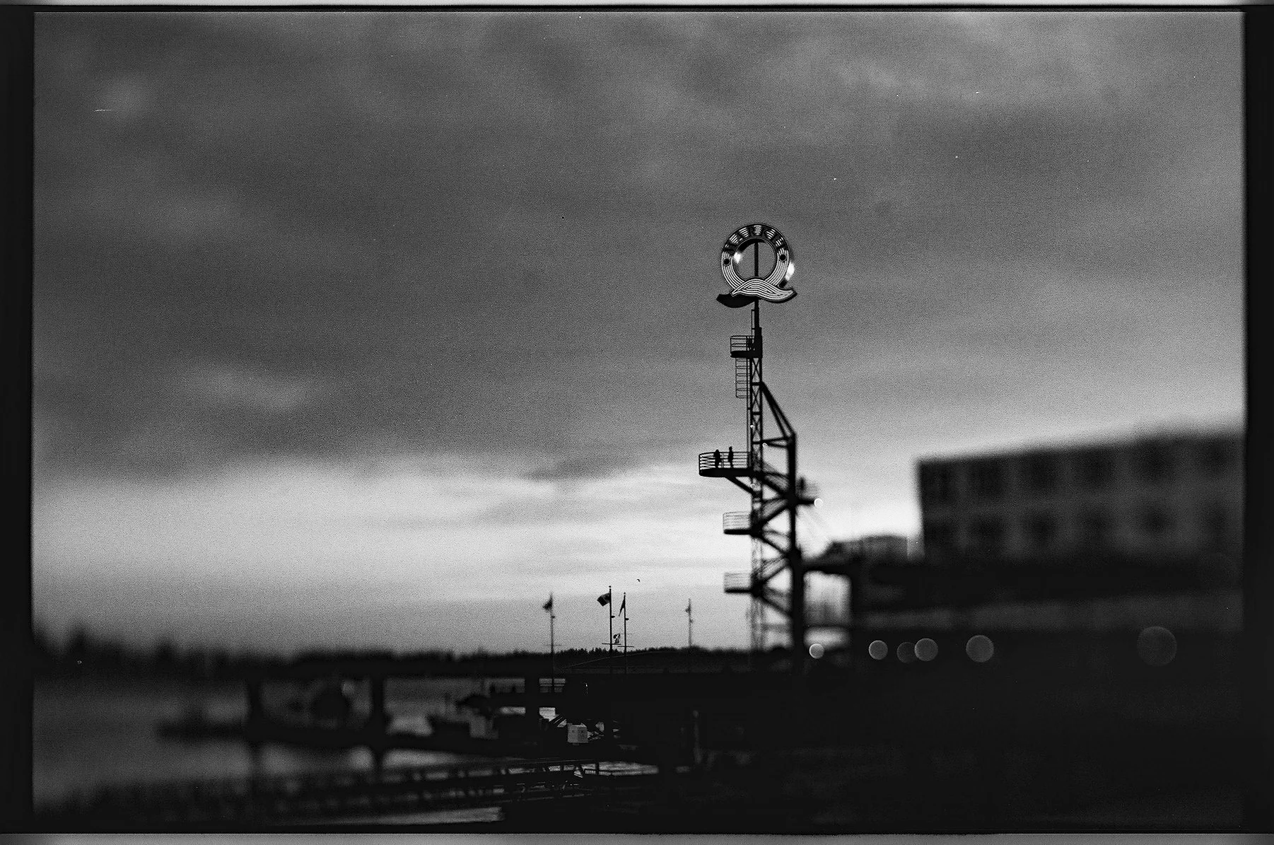 The big Q at Lonsdale Quay, North Vancouver. Freelensing version. Film Washi D 500 Sputnik Panchromatic black and white film. ©2018 Mark Klotz