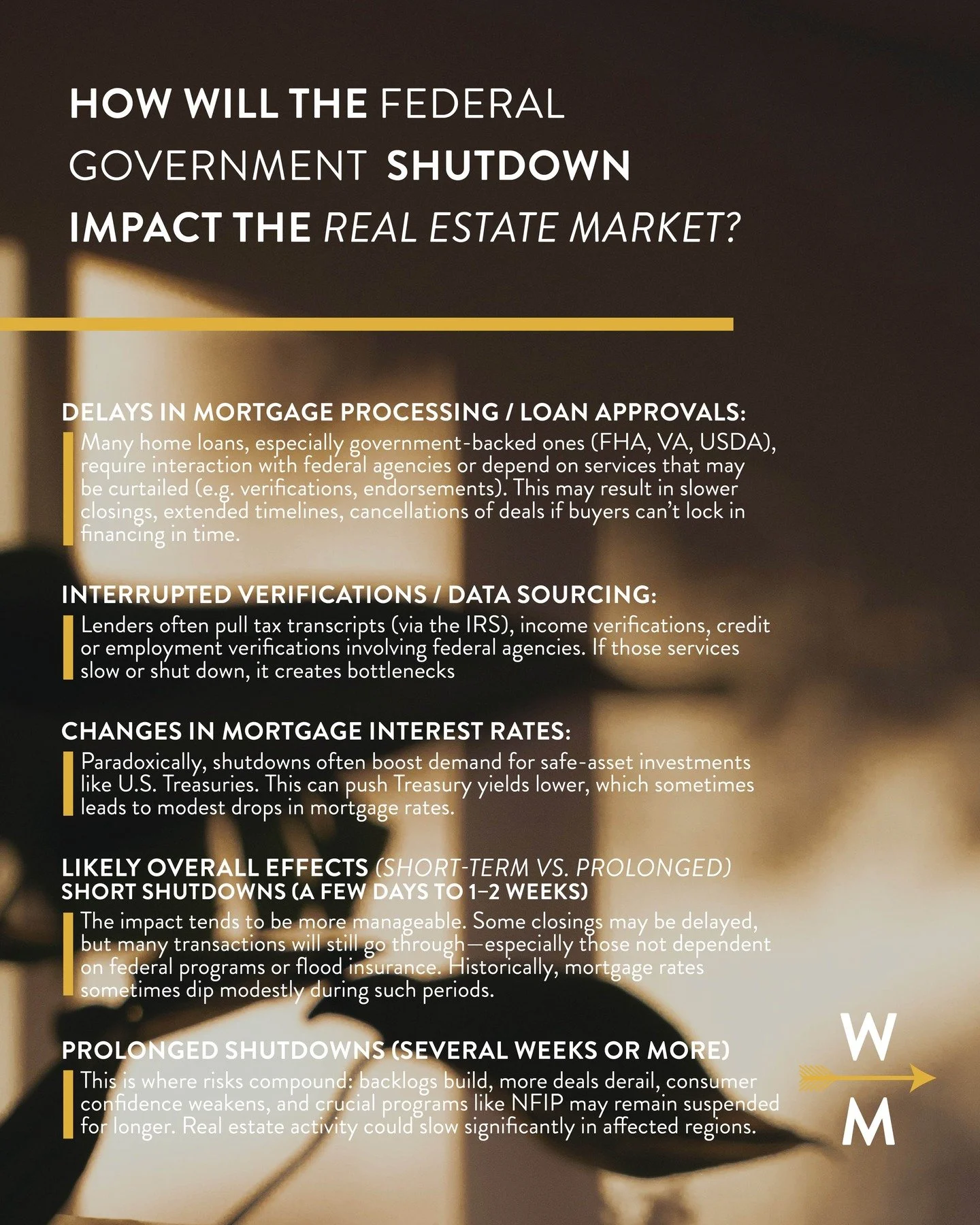 Are you curious how the current government shutdown impacts the real estate market? Well, here a few things that could happen...

🔹Delays in mortgage processing/loan approvals
🔹Interrupted verifications/data sourcing
🔹Changes in mortgage interest 