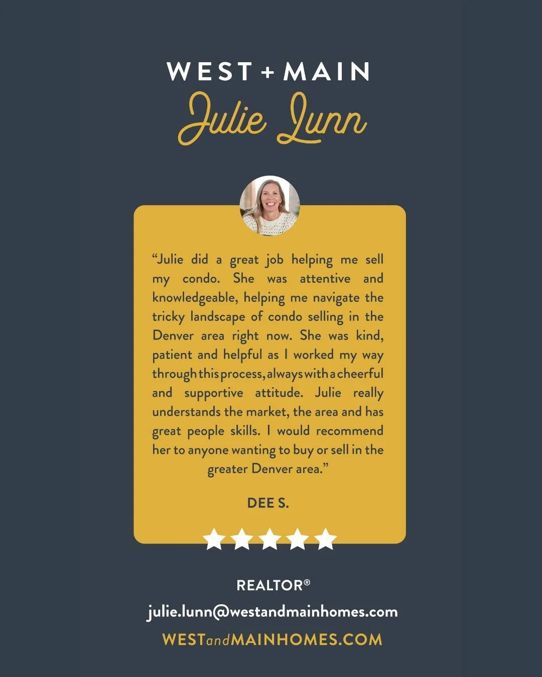 ⭐ 5-STAR REVIEW⭐

We love hearing such amazing feedback from clients! @JulieLunn is a phenomenal Realtor and brings a wealth of knowledge + support to every transaction. 

 #DenverRealEstate #ClientReview #DenverHomes #RealEstateExpert #ColoradoHomes