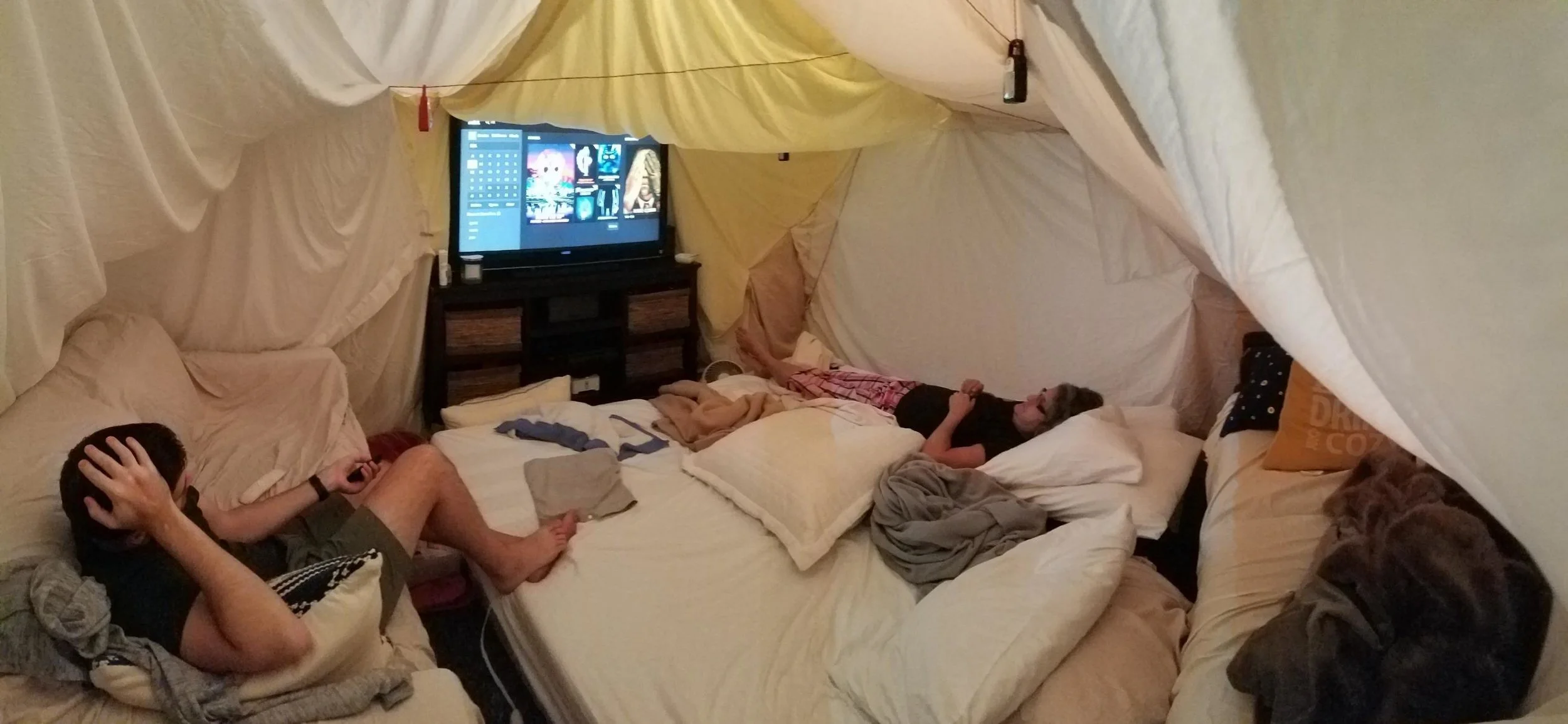 Movie night in the tent-fort. Not pictured - Everybody else.