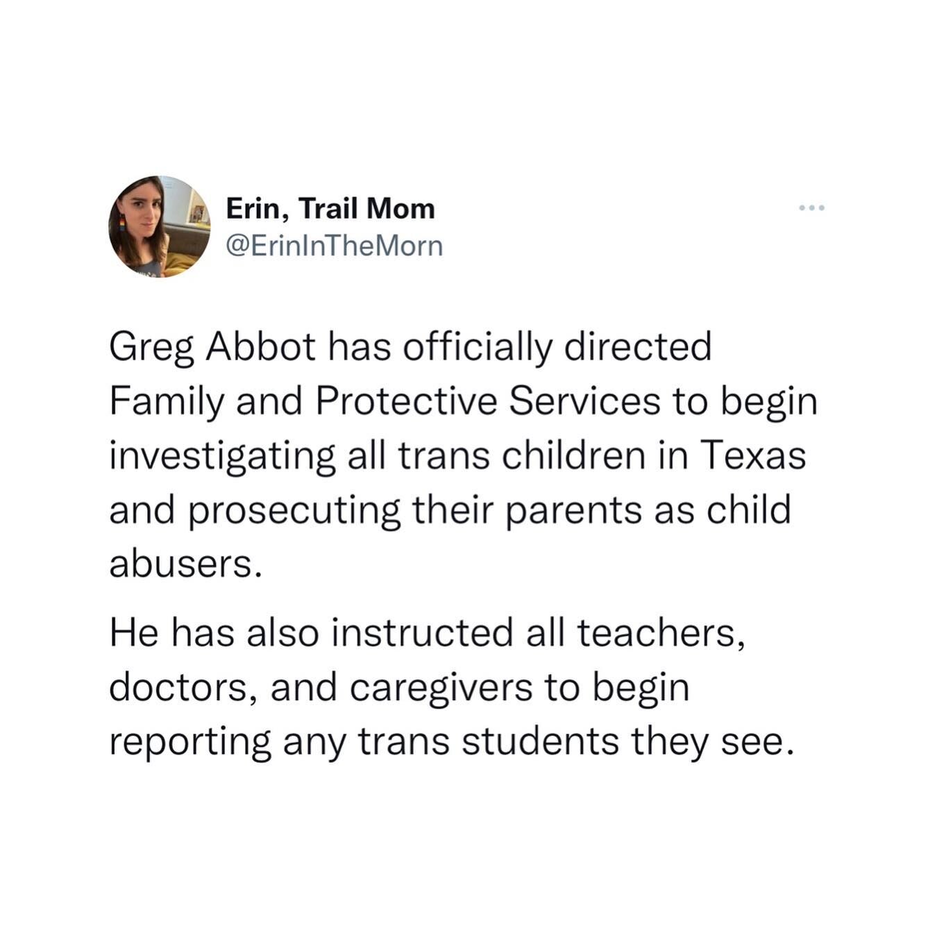 Greg Abbot, you&rsquo;re the devil. This will kill trans youth in your state. This is extremely dangerous and you&rsquo;re abhorrent. WE WILL VOTE YOU OUT

Who thinks it&rsquo;s time for @betoorourke to become Governor? 🤚🏿 🤚🏼🤚🏽

to all 🏳️&zwj;