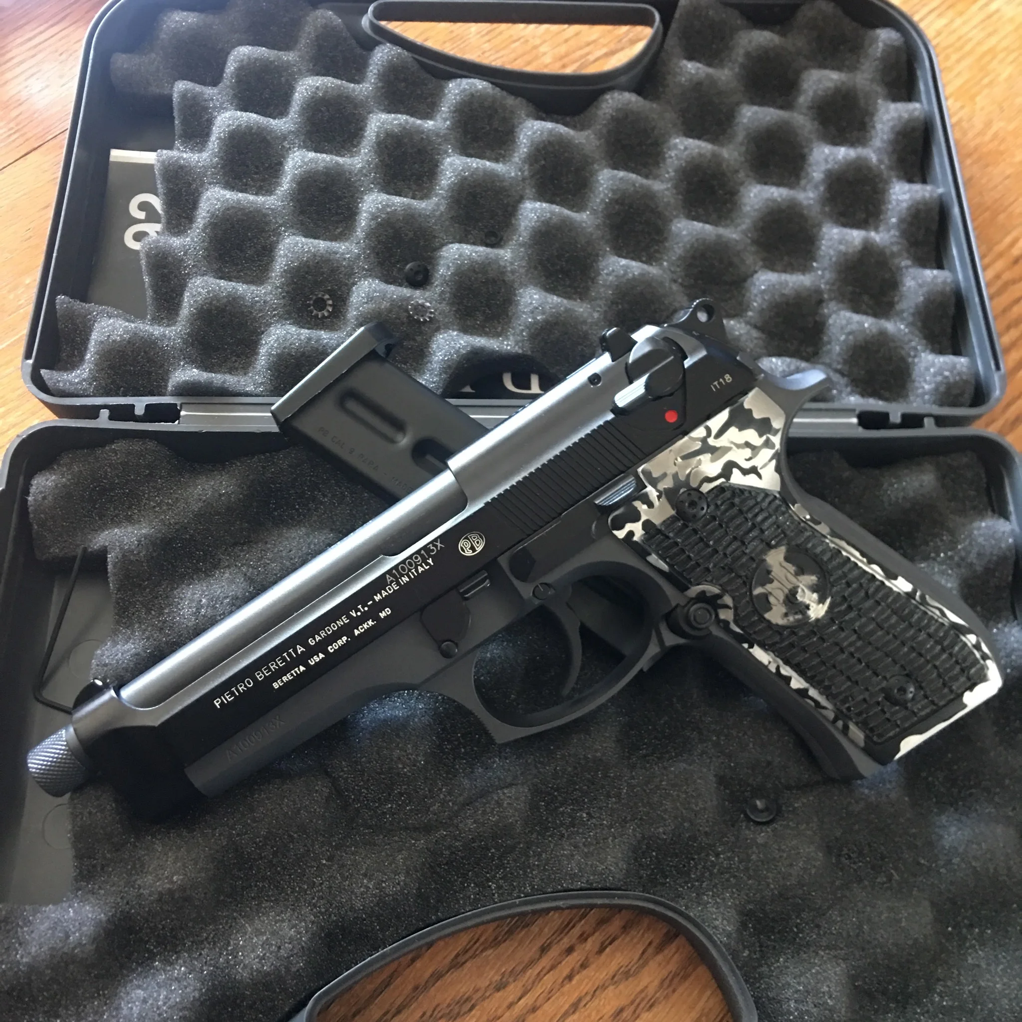 Beretta 92FS stippled, camo cerakote, white filled markings.jpeg