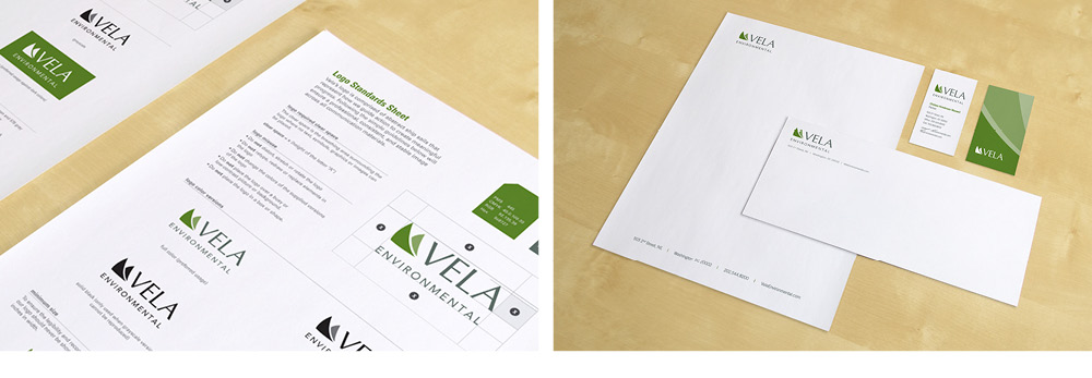 Vela was an environmental consulting agency in Washington, DC. Its name was derived from the constellation that makes up the sails of the Ship of the Argonauts. A swooping icon suggests a pair of sails, yet is abstract enough to resemble natural forms like mountain peaks, wind, or waves.