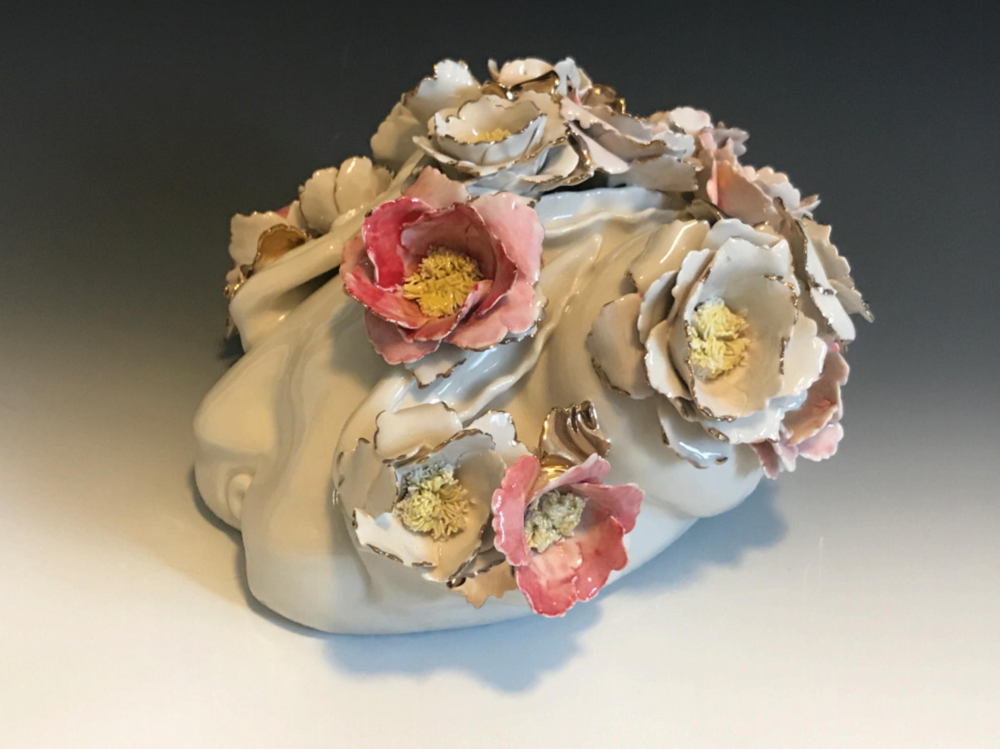  Flesh: Peony, 2017, porcelain, hand-painted decoration, gold luster 11”x9”x7”   