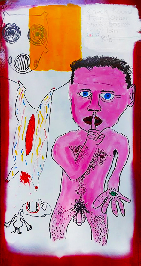 G.S. Bullen Marbled Truths mixed media, spray paint, acrylic and oil on fiberboard 35” X 17.5” 2018