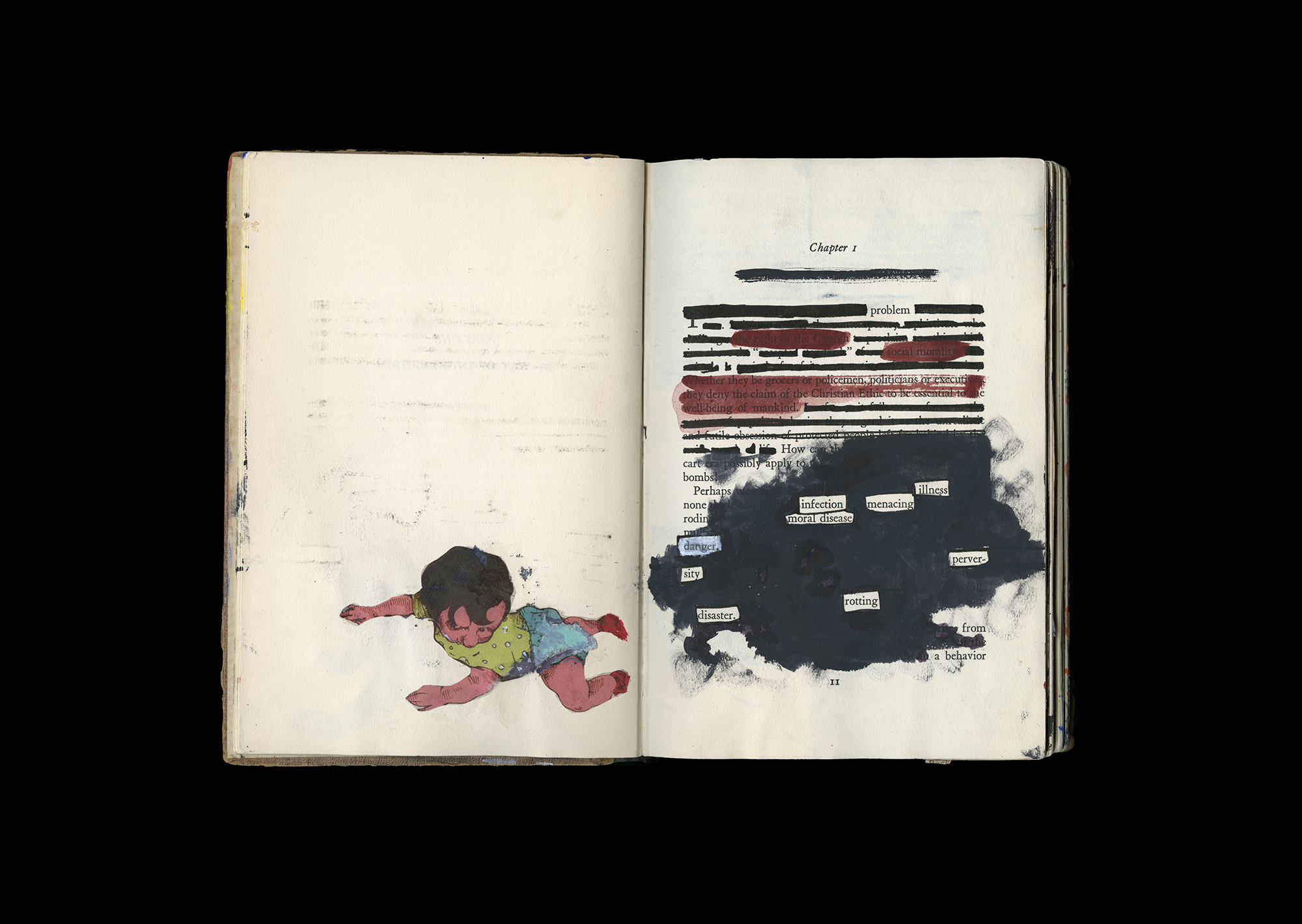 Noah Steinmann Altered Book, Faith, and Behavior Acrylic, watercolor, matte medium, ink, and found images from “The Grape” by Chad Walsh and Eric Montizambert 8.5” x 11’’ 2018