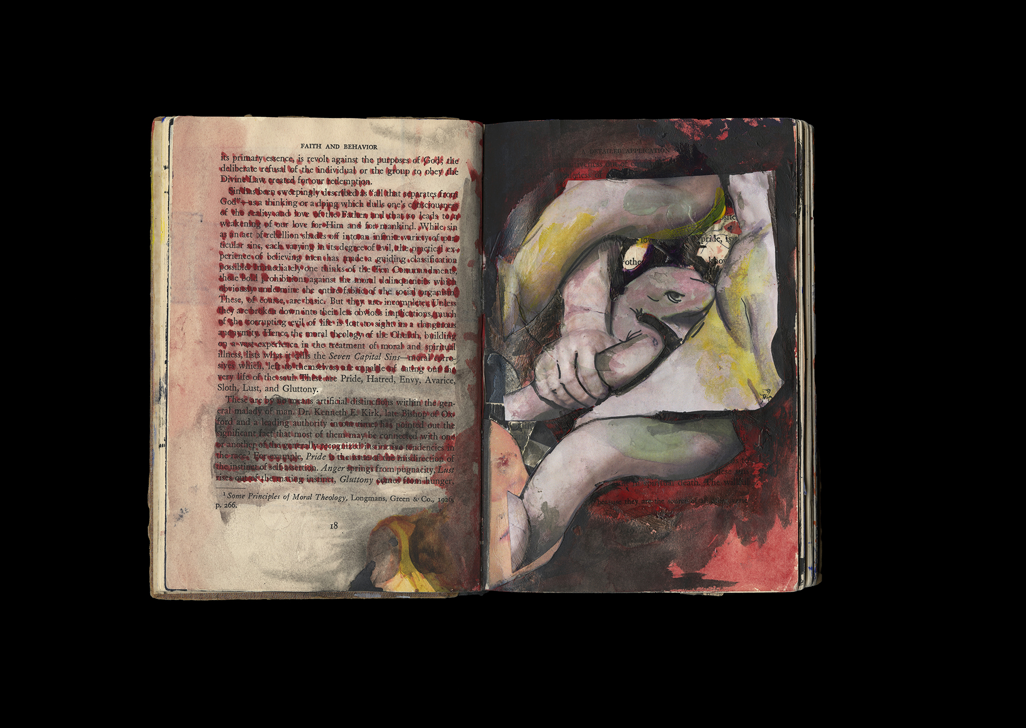  Noah Steinmann  Altered Book, Faith, and Behavior  Acrylic, watercolor, matte medium, ink, and found images from “The Grape” by Chad Walsh and Eric Montizambert  8.5” x 11’’  2018 