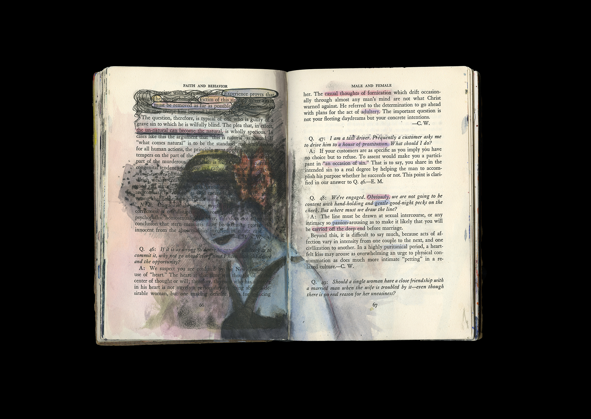 Noah Steinmann Altered Book, Faith, and Behavior Acrylic, watercolor, matte medium, ink, and found images from “The Grape” by Chad Walsh and Eric Montizambert 8.5” x 11’’ 2018