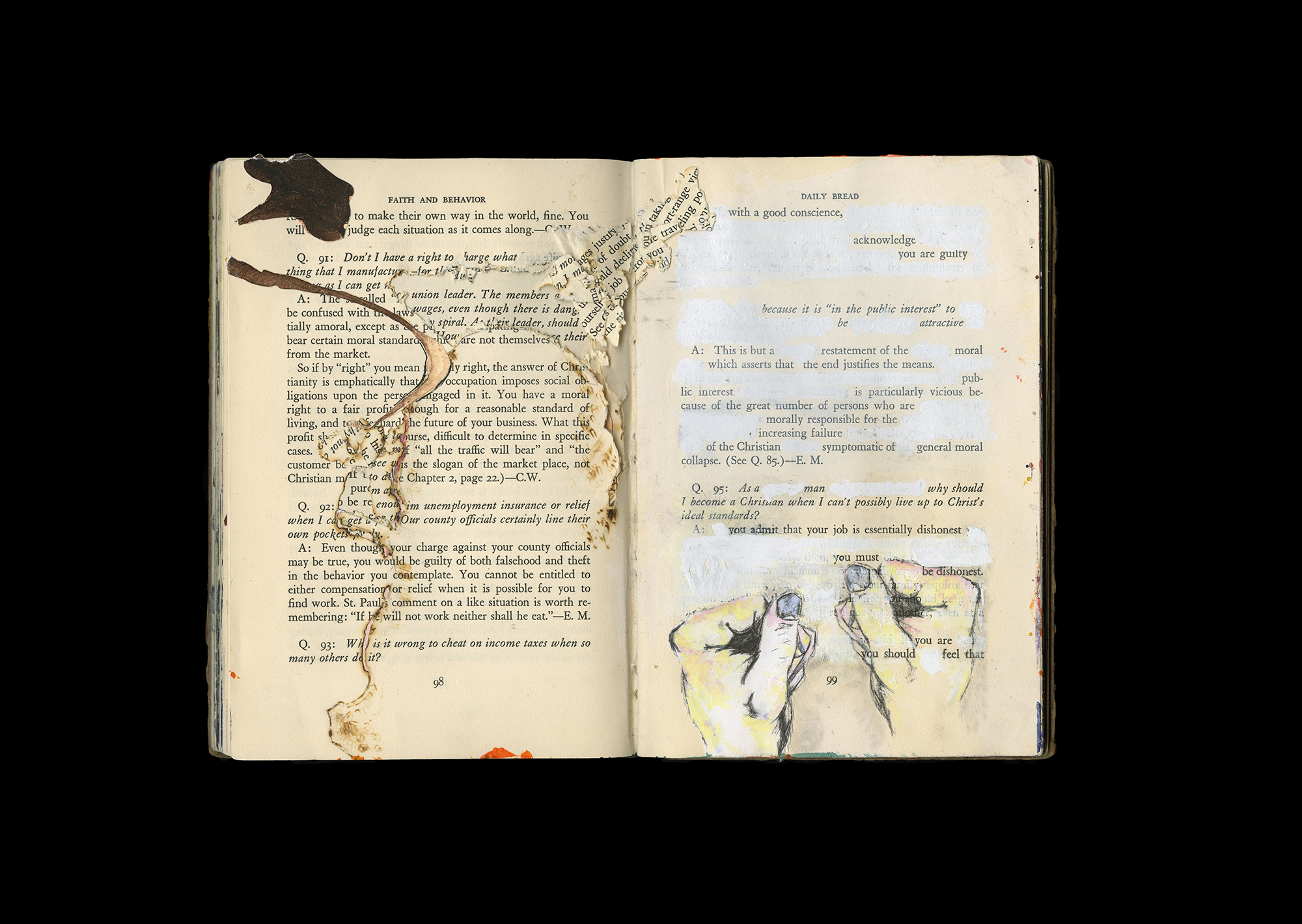  Noah Steinmann  Altered Book, Faith, and Behavior  Acrylic, watercolor, matte medium, ink, and found images from “The Grape” by Chad Walsh and Eric Montizambert  8.5” x 11’’  2018 