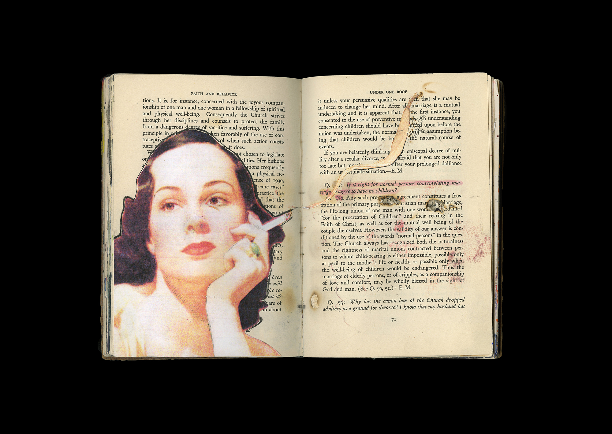 Noah Steinmann Altered Book, Faith, and Behavior Acrylic, watercolor, matte medium, ink, and found images from “The Grape” by Chad Walsh and Eric Montizambert 8.5” x 11’’ 2018
