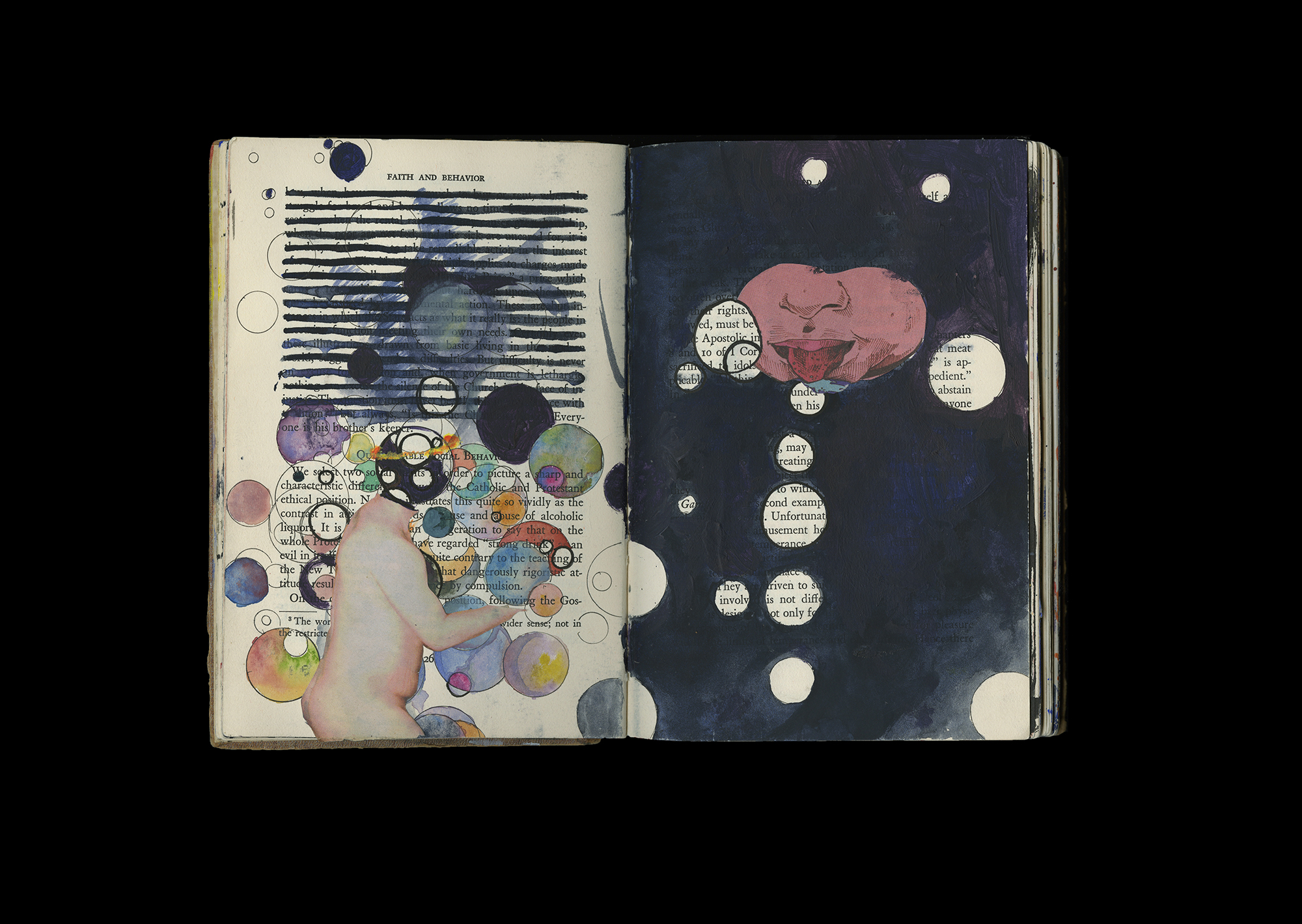 Noah Steinmann Altered Book, Faith, and Behavior Acrylic, watercolor, matte medium, ink, and found images from “The Grape” by Chad Walsh and Eric Montizambert 8.5” x 11’’ 2018
