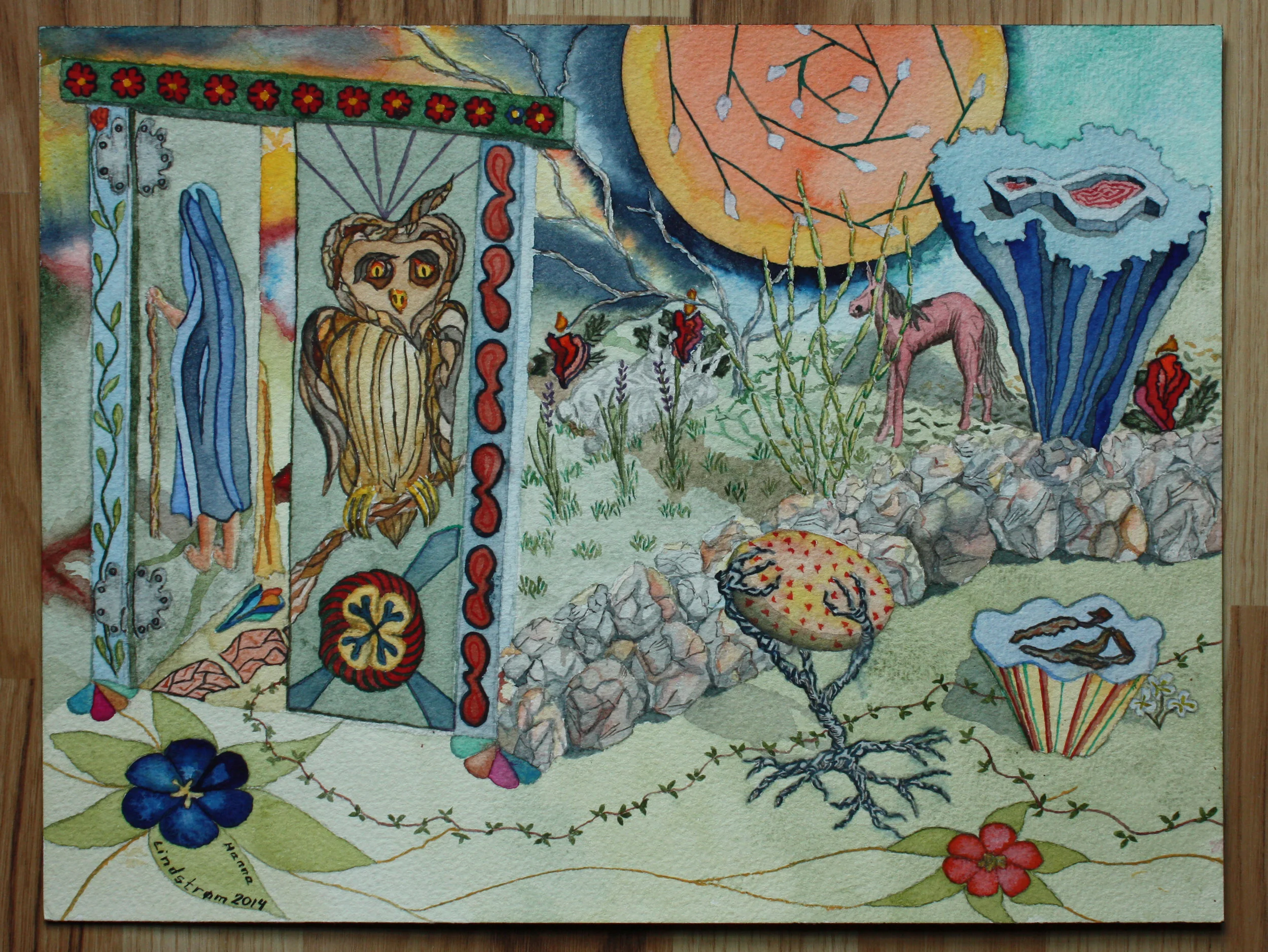 Ugle og hest i landskab med vandringskvinde