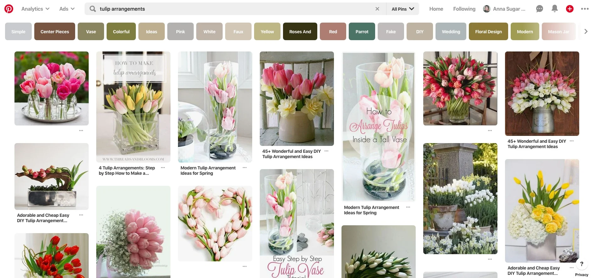 An example of a search for “tulip arrangements” on Pinterest.