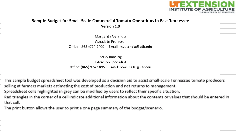 Here's another example of a basic spreadsheet for a small tomato farm in Tennesee. Click to download this Excel spreadsheet.