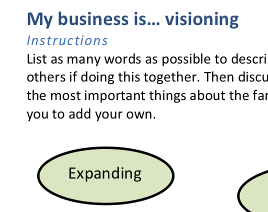 MY BUSINESS IS ... VISIONING This exercise helps you develop a core set of words and sentences that describe your work. Click to view this PDF.