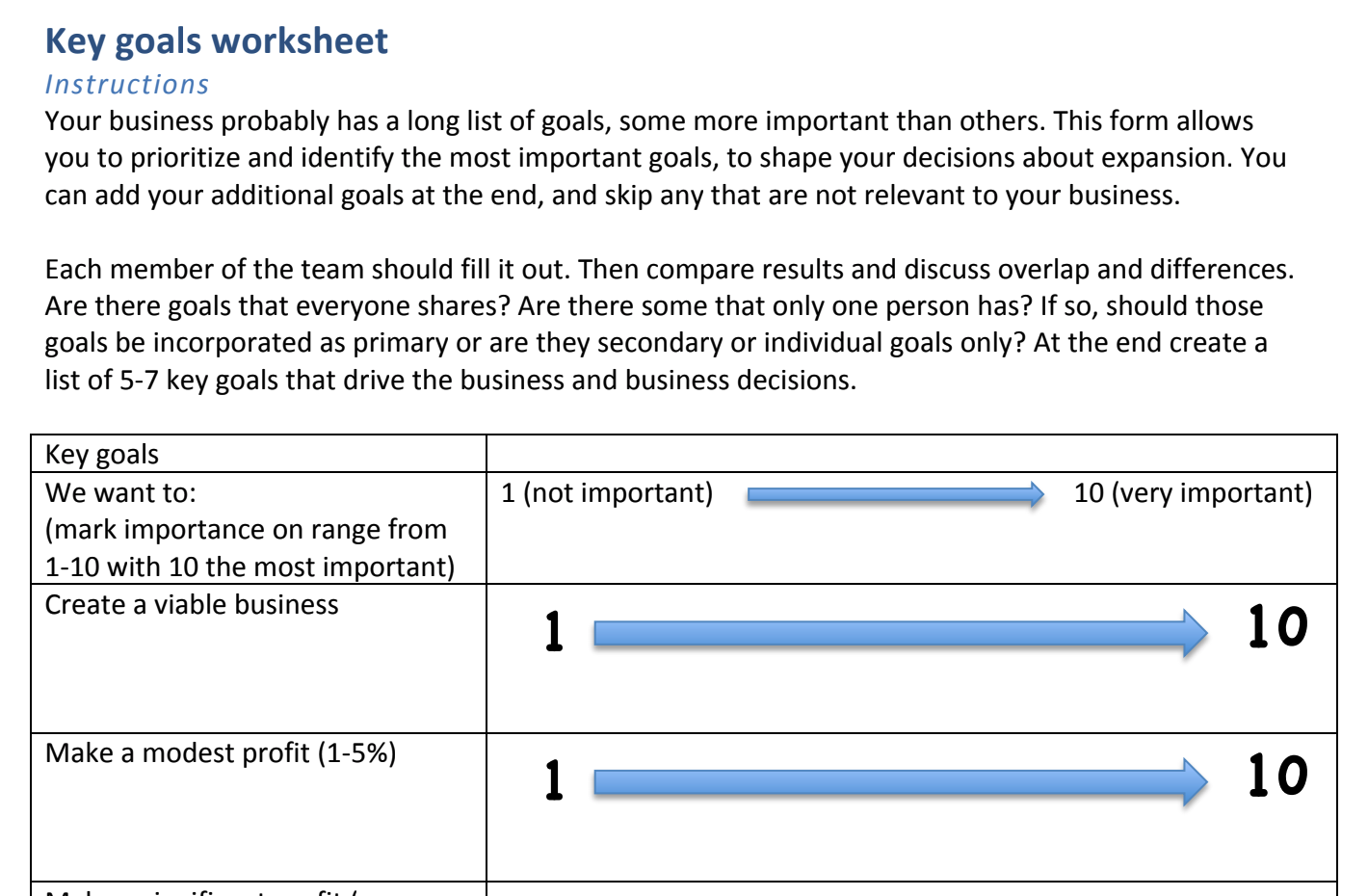 Key Goals worksheet. Click to view this PDF.
