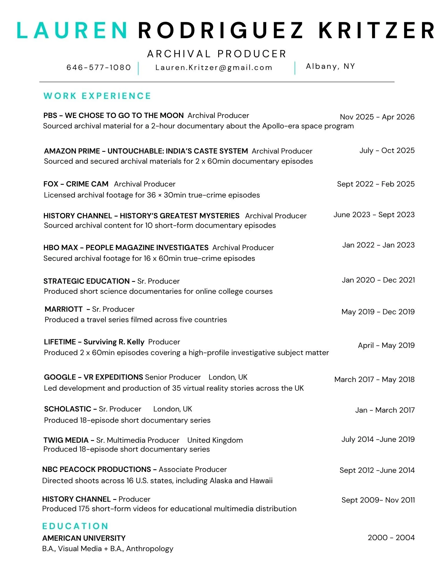 Lauren Kritzer archival archive producer resume documentary