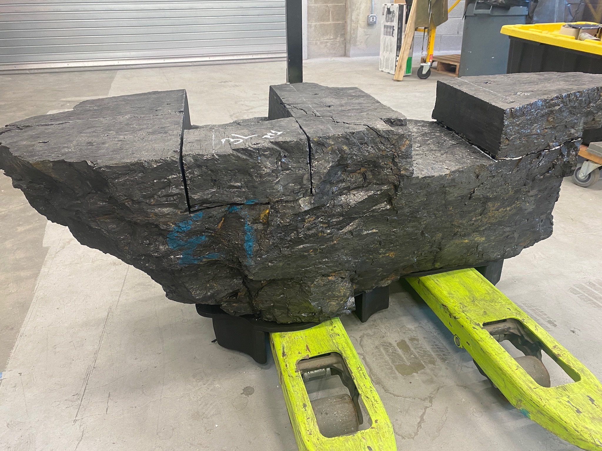  Channels were cut into the flat bottoms of the anthracite, in order for them to be picked up easily by a pallet jack 