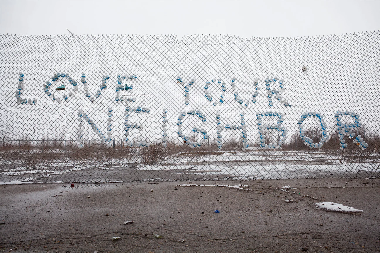A message in Flint, made from empty water bottles. Community members still rely heavily on bottled water after the crisis - 2017