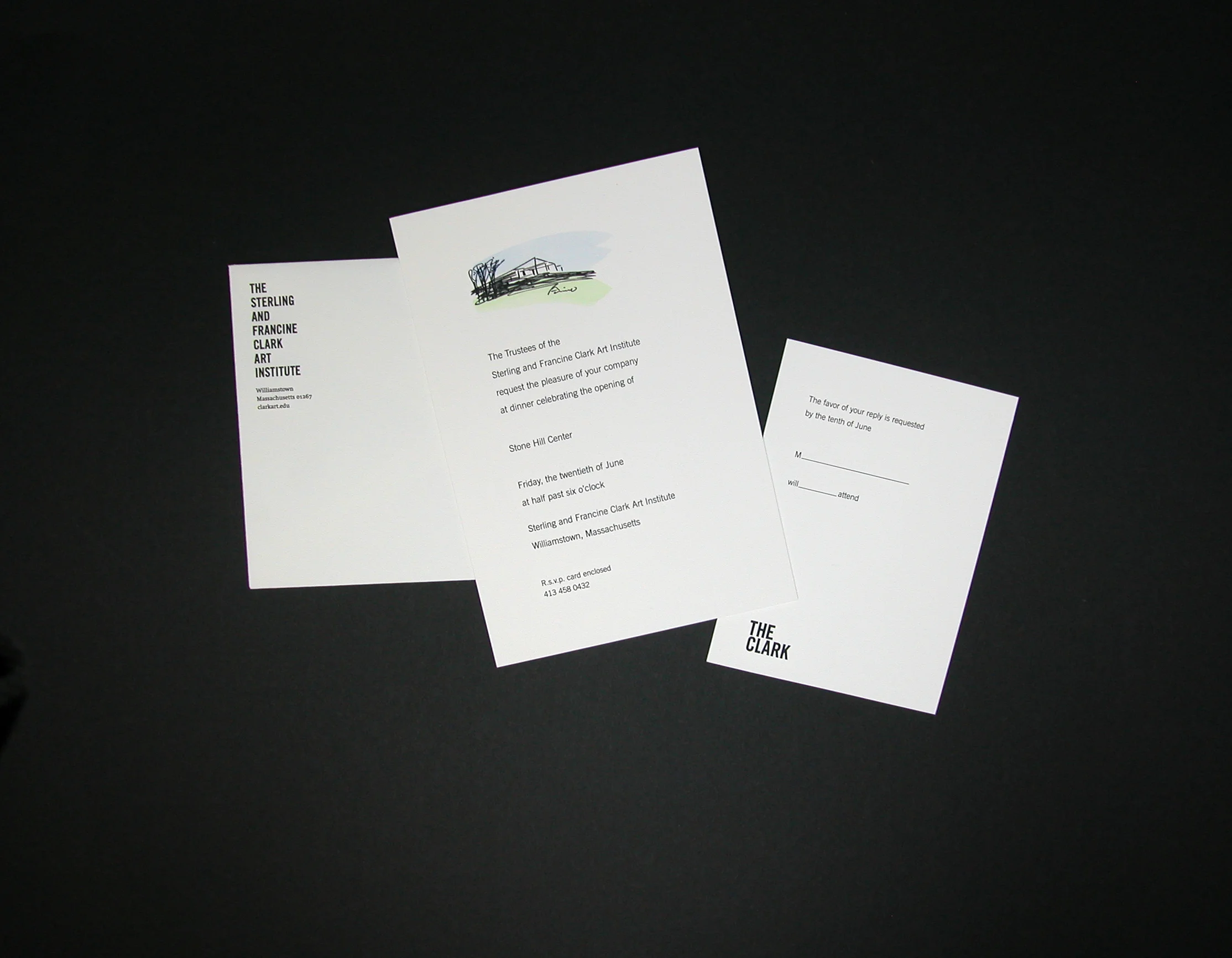 Invite to opening of Stone hill Center, williamstown ma, with hand tinted illustration