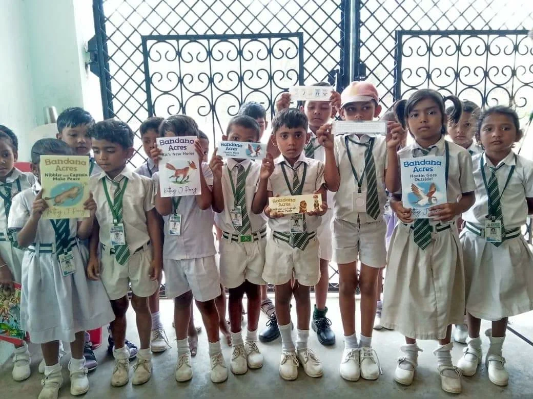 JJ Missions, a small Christian school in India, received a set of the Bandana Acres series this week. (It took about 3 weeks to arrive!) They speak English as a 2nd language. It’s amazing to me how many people in the world know some English, but I (and most other Americans) know such a little bit of any other language.