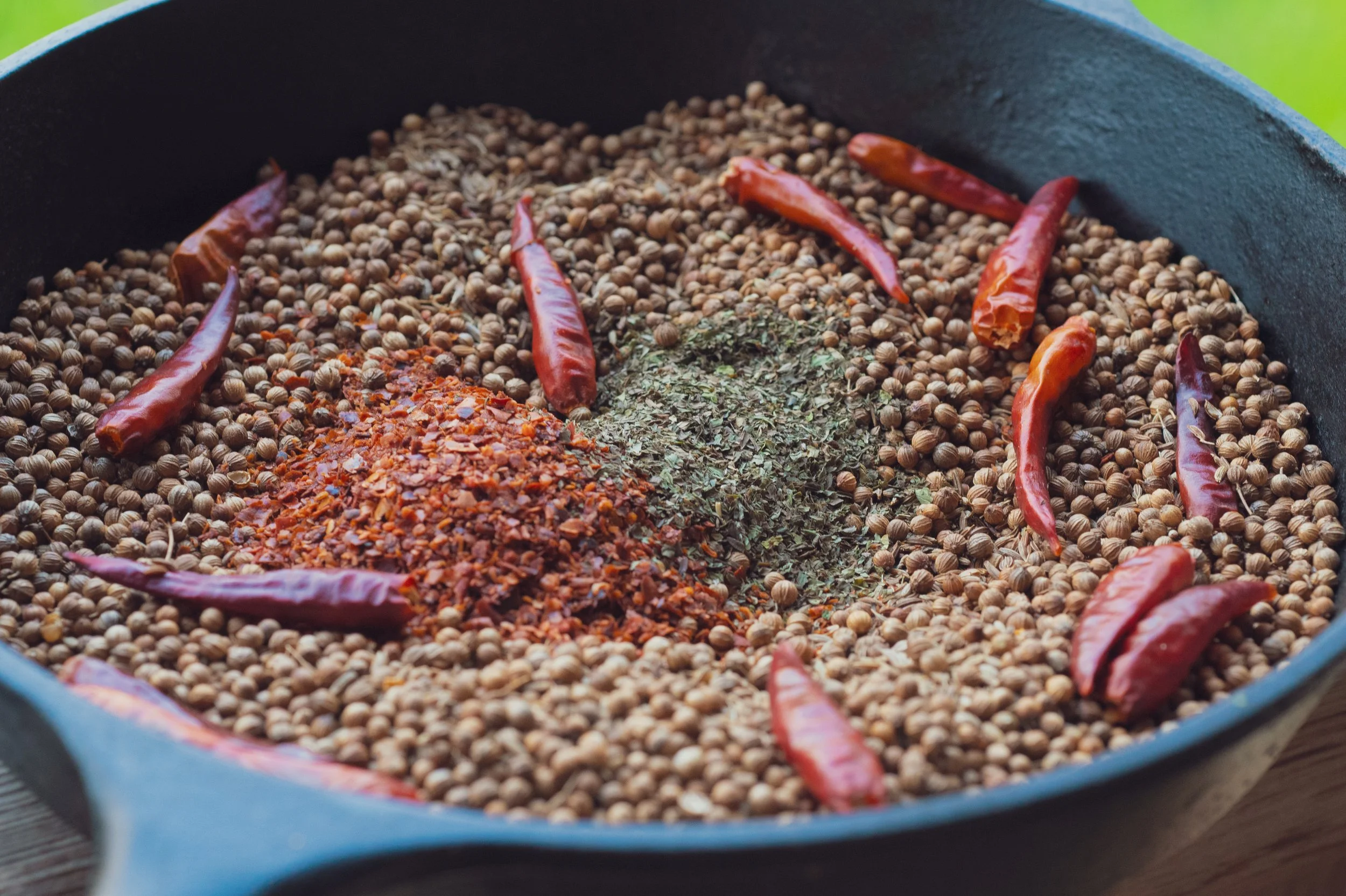  Toast your spices separately, or as a succession beginning with the densest ones (in this case coriander → cumin → caraway → chiles → mint) 