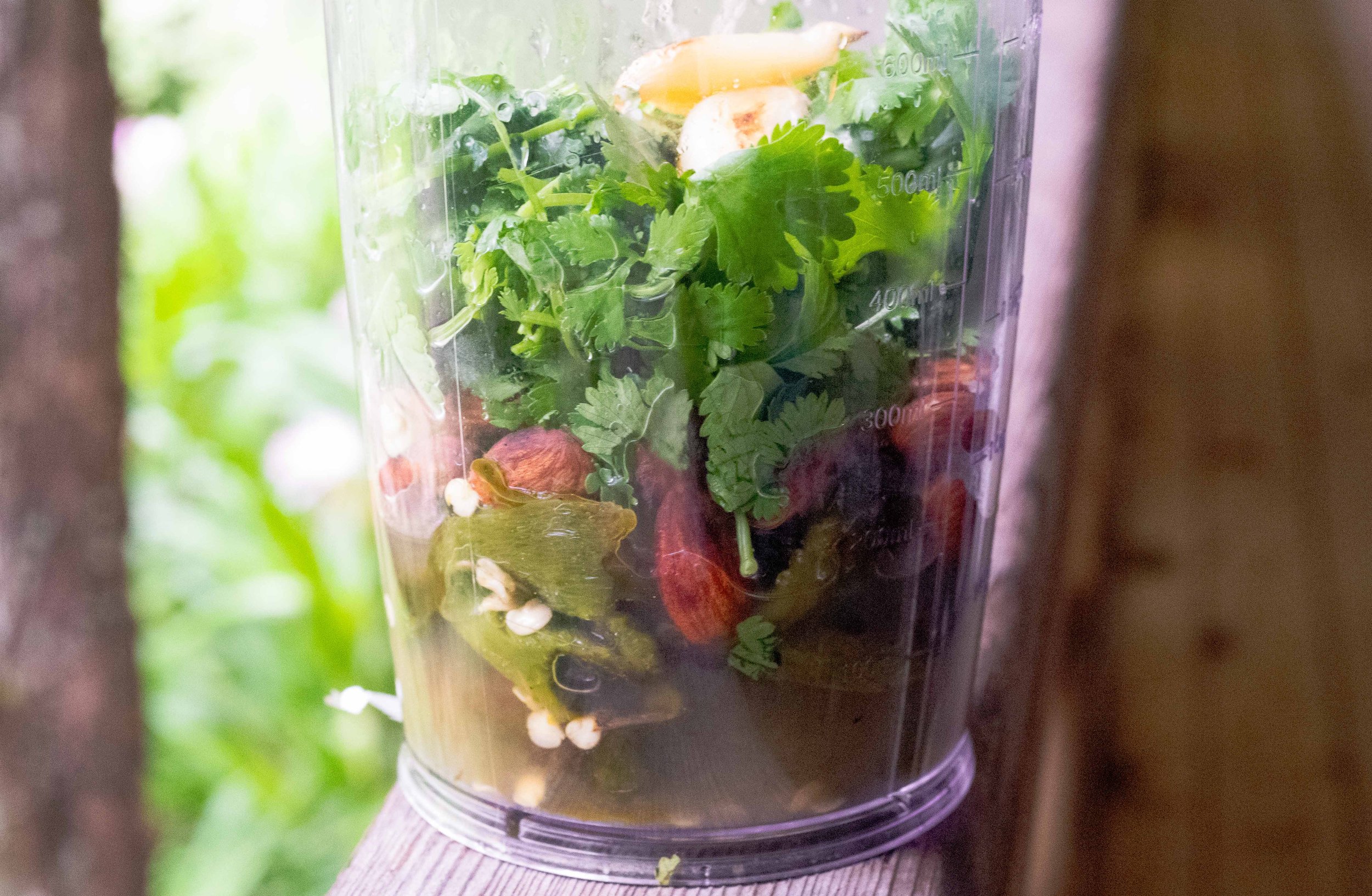  Using an immersion blender makes quick work of the clean up process. But use what you have to make a smooth, but not too smooth paste out of the ingredients from the grill. 