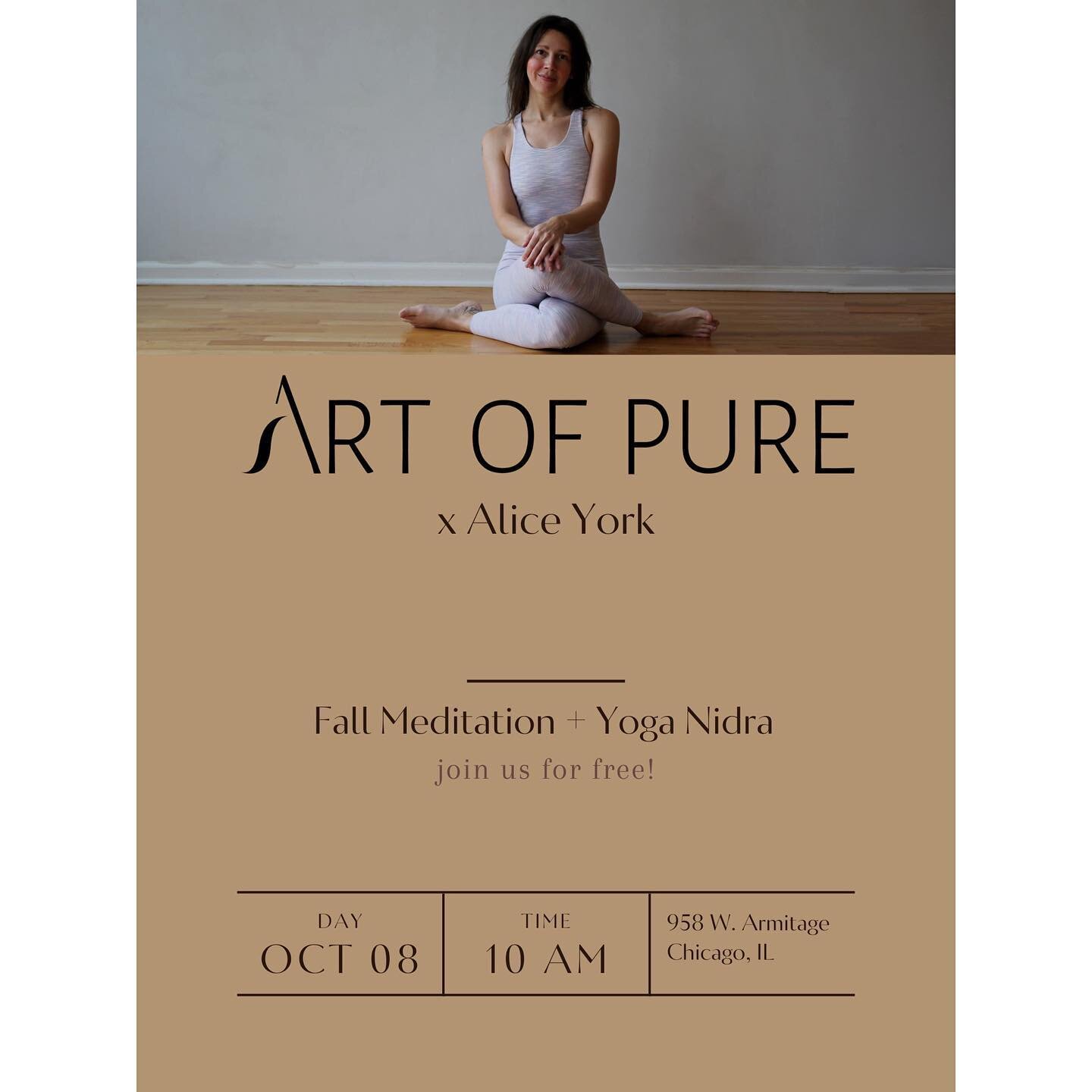 Settle into the new season with a guided meditation led by me this Saturday, October 8 from 10-11 am @artofpure in Chicago. 
⠀⠀⠀⠀⠀⠀
Whether you are new to meditation or an experienced practitioner (or somewhere in between), we welcome you to join us 