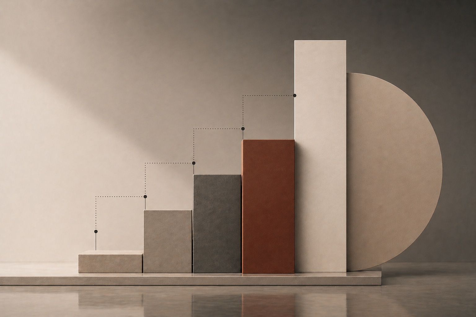A minimalist bar chart with five rectangular blocks of different sizes and colors from left to right: beige, light gray, dark gray, reddish-brown, and off-white, with dotted lines and dots indicating their height levels.
