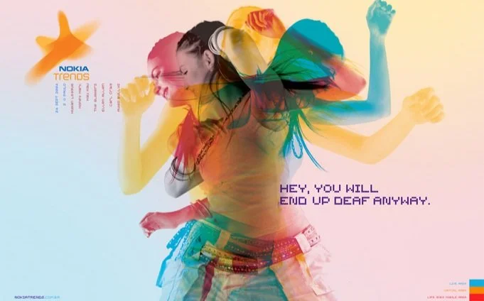 A colorful, layered illustration of a woman dancing with the Nokia Trends logo and text saying, 'Hey, you will end up deaf anyway.'
