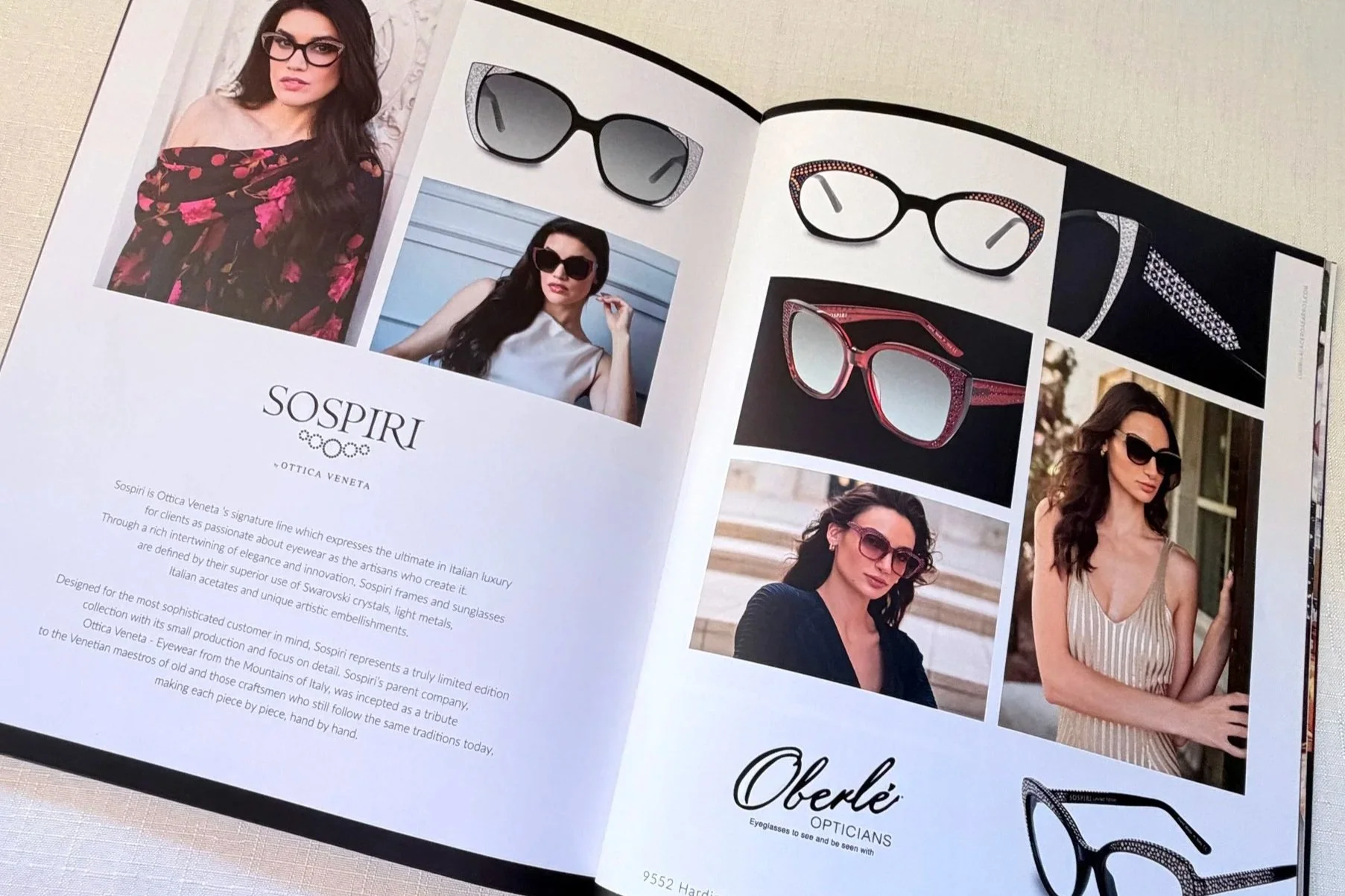 Open magazine showcasing fashionable sunglasses and eyewear brands, with photos of women wearing sunglasses, product images, and descriptive text about Sospiri eyewear.