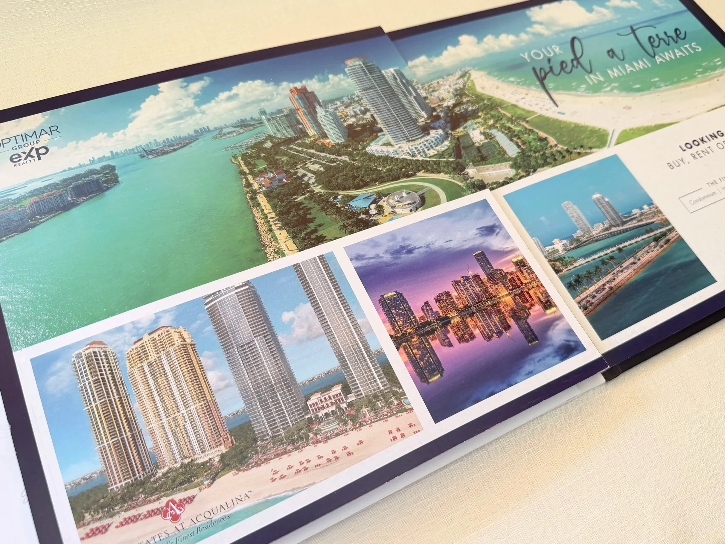 A brochure showcasing Miami's skyline and waterfront, featuring high-rise buildings, a beach, and a message that reads "Your piece of a Teri in Miami awaits."