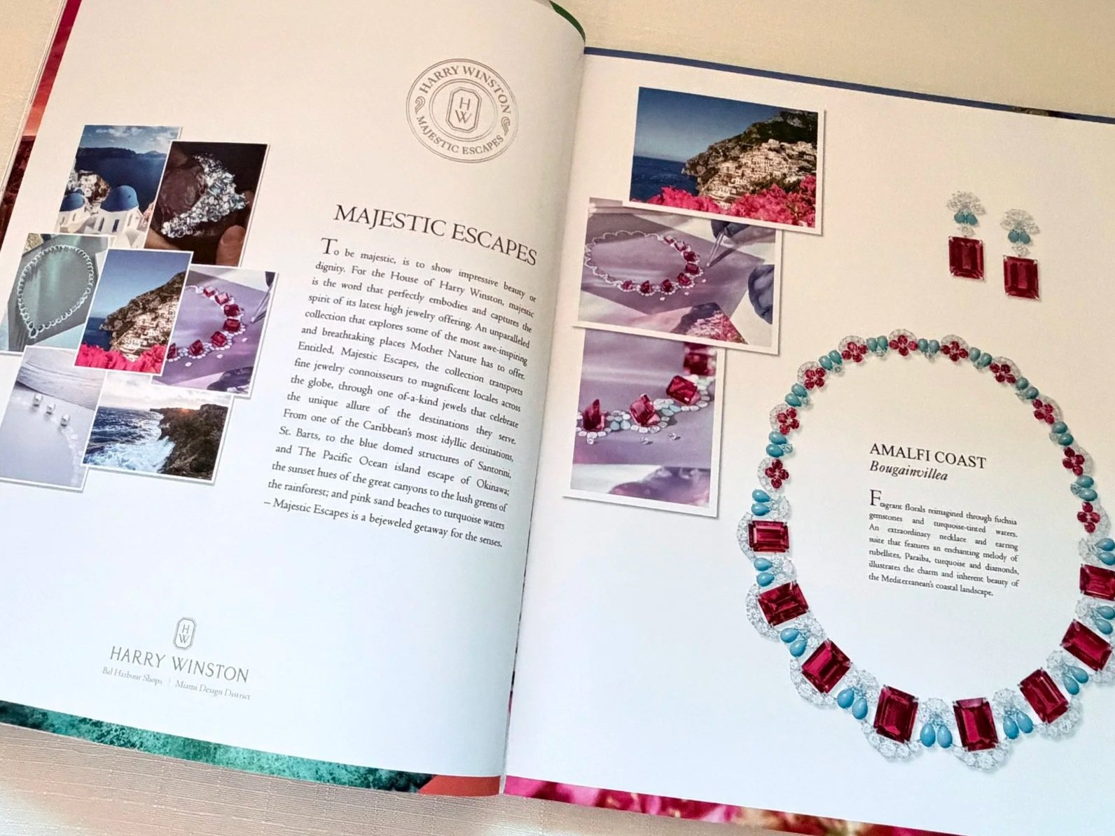 Open magazine featuring jewelry and travel photos, including necklaces, jewelry collections, and scenic coastal landscapes.