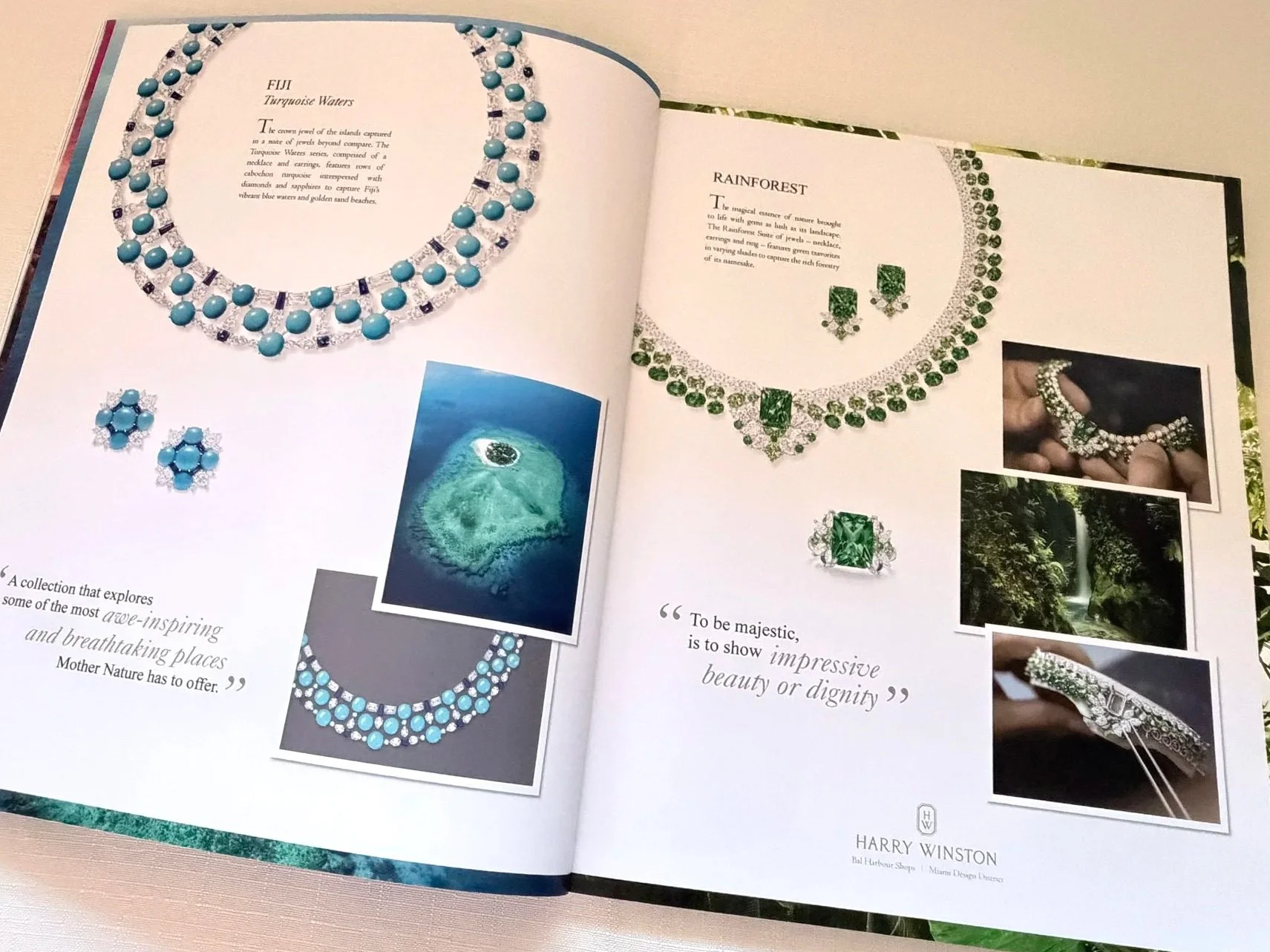 Open magazine showing jewelry, including necklaces, earrings, and rings, featuring turquoise waters and rainforest themes, with some outdoor scenery and jewelry-making images.