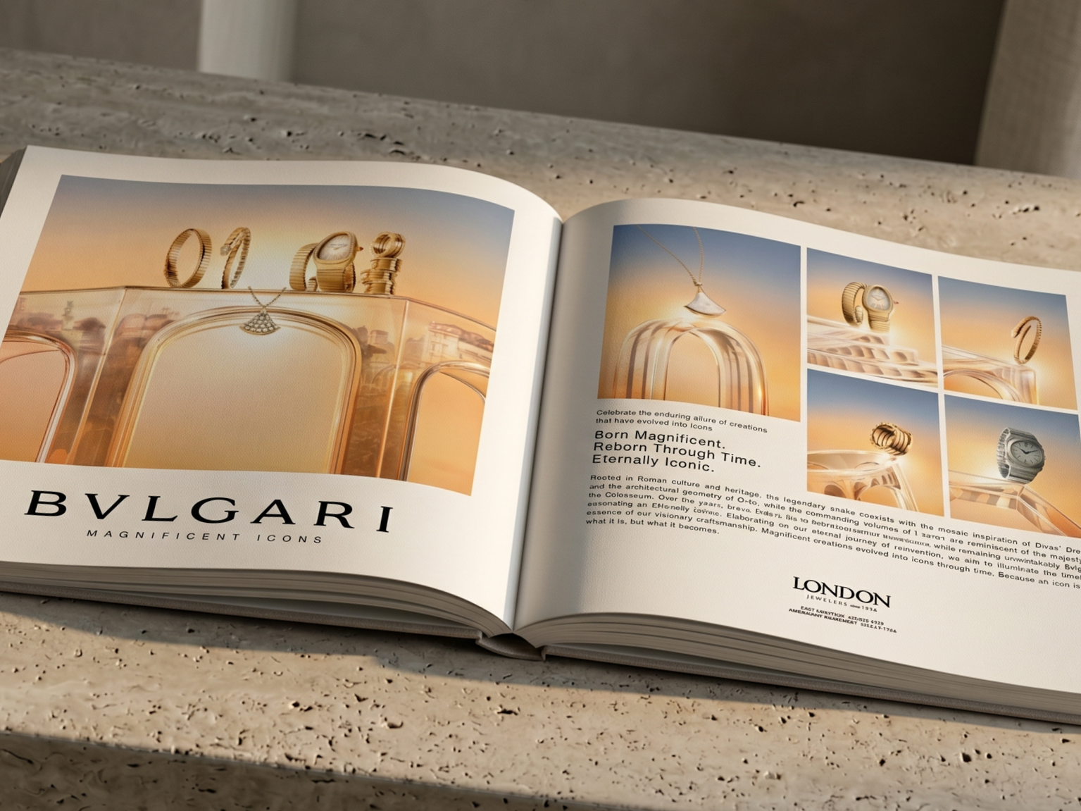 Open book featuring luxury jewelry and watches, with a headline reading "Bvlgari Magnificent Icons" and promotional images of watches and jewelry against warm sunset backgrounds.